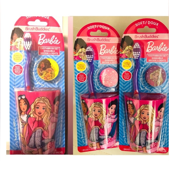 Barbie 3pc brush buddies soft ergonomic toothbrush cap and rinsing cup set new - Picture 2 of 14